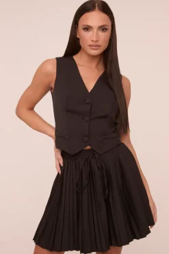 Rebellious Fashion Black Sleeveless Waistcoat & Pleated Mini Skirt Co-ord Set - Monica