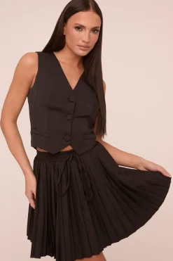 Rebellious Fashion Black Sleeveless Waistcoat & Pleated Mini Skirt Co-ord Set - Monica