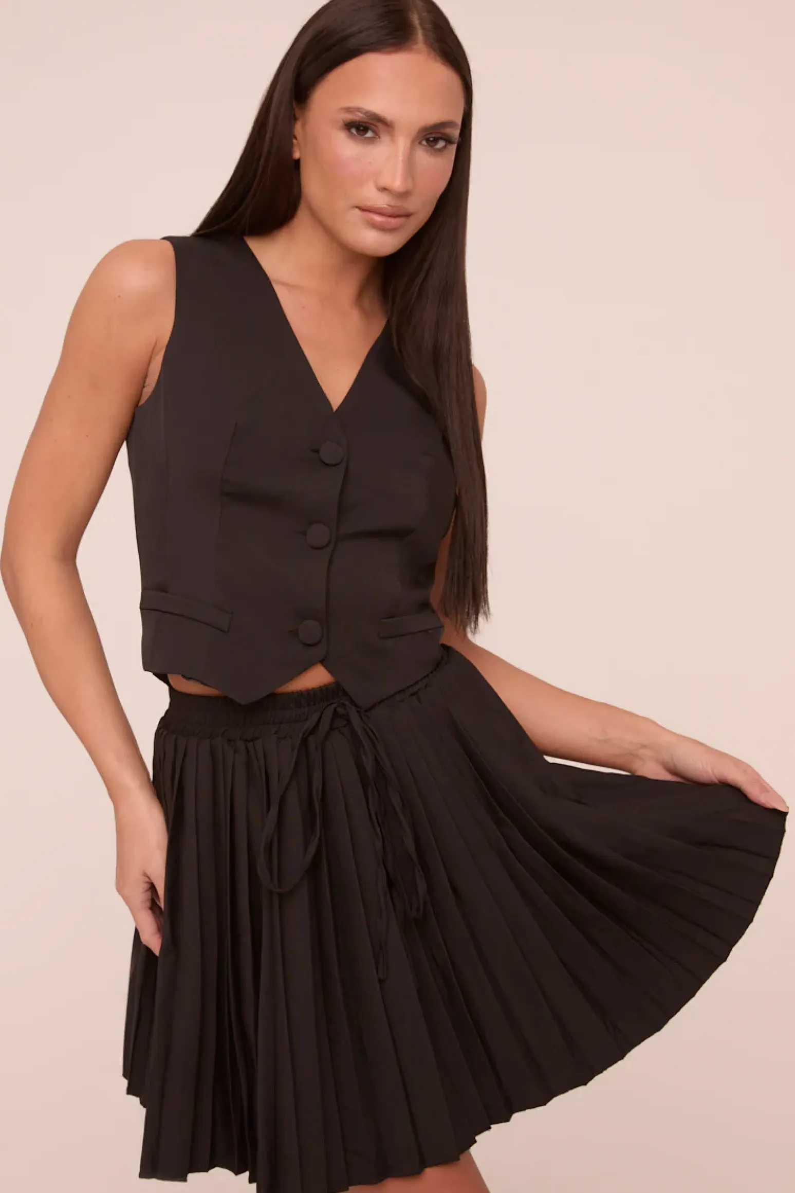 Rebellious Fashion Black Sleeveless Waistcoat & Pleated Mini Skirt Co-ord Set - Monica