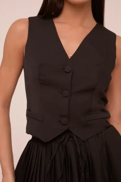 Rebellious Fashion Black Sleeveless Waistcoat & Pleated Mini Skirt Co-ord Set - Monica