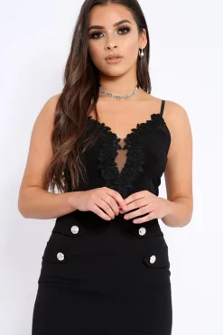 Rebellious Fashion Black Slinky Bodysuit with Floral Embroidery - Adila