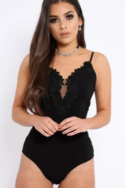 Rebellious Fashion Black Slinky Bodysuit with Floral Embroidery - Adila