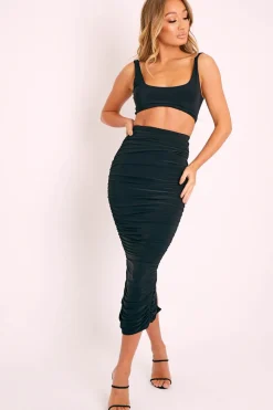 Rebellious Fashion Black Slinky Bralet and Ruched Midi Skirt Co-ord - Valentia