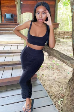 Rebellious Fashion Black Slinky Bralet and Ruched Midi Skirt Co-ord - Valentia