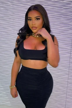 Rebellious Fashion Black Slinky Bralet and Ruched Midi Skirt Co-ord - Valentia