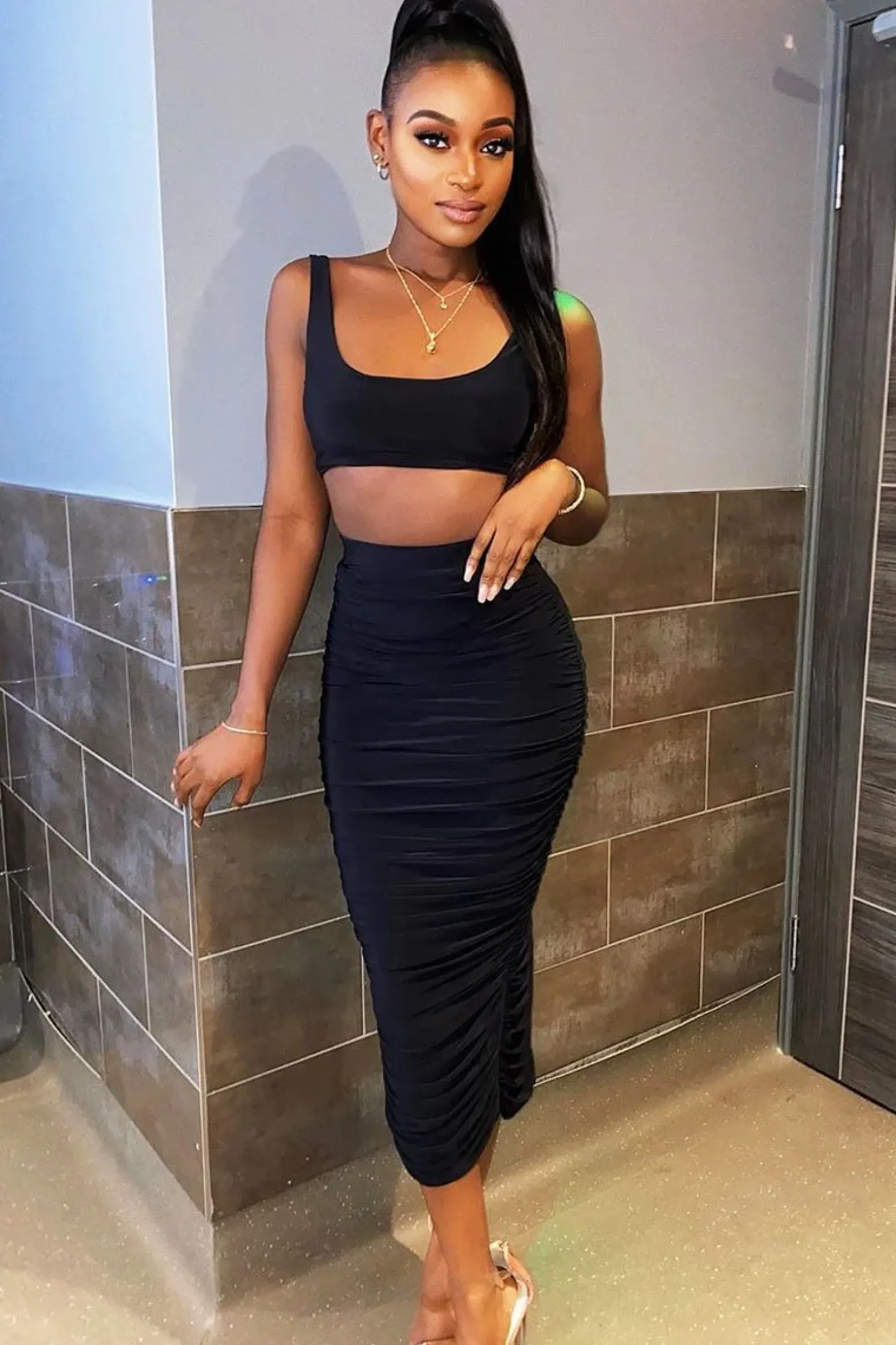 Rebellious Fashion Black Slinky Bralet and Ruched Midi Skirt Co-ord - Valentia