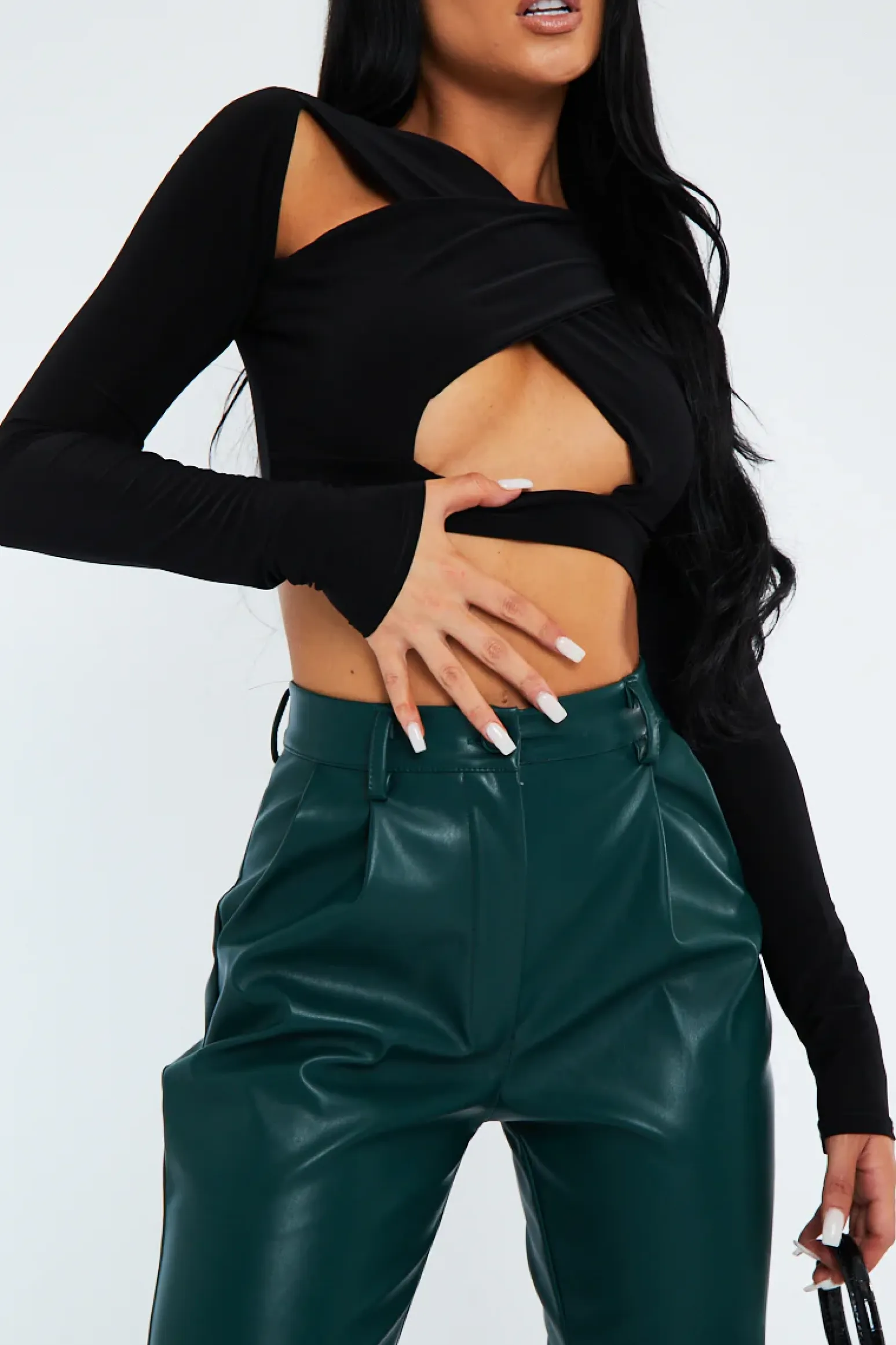 Rebellious Fashion Black Slinky Cross Front Long Sleeve Crop Top - Tahlia