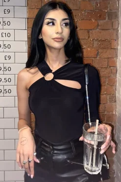 Rebellious Fashion Black Slinky Cut Out Ring Detail Bodysuit - Klara
