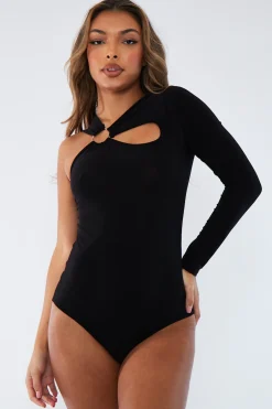 Rebellious Fashion Black Slinky Cut Out Ring Detail Bodysuit - Klara