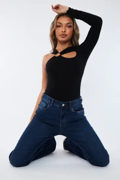 Rebellious Fashion Black Slinky Cut Out Ring Detail Bodysuit - Klara