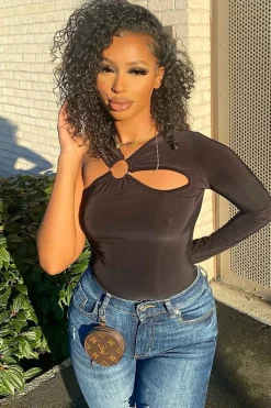 Rebellious Fashion Black Slinky Cut Out Ring Detail Bodysuit - Klara