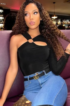 Rebellious Fashion Black Slinky Cut Out Ring Detail Bodysuit - Klara