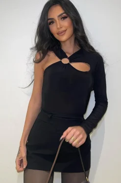 Rebellious Fashion Black Slinky Cut Out Ring Detail Bodysuit - Klara