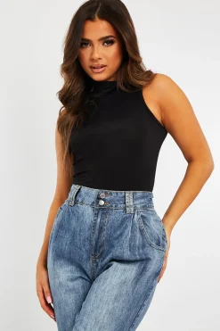 Rebellious Fashion Black Slinky Fabric High Neck Bodysuit - Daniella
