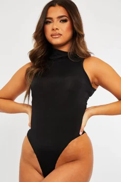 Rebellious Fashion Black Slinky Fabric High Neck Bodysuit - Daniella