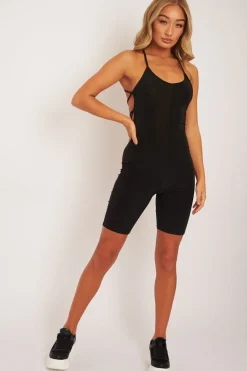 Rebellious Fashion Black Slinky Halter Neck Unitard Playsuit - Dalia