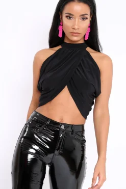 Rebellious Fashion Black Slinky Halterneck Wrap Top - Giovanna