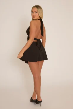 Rebellious Fashion Black Slinky Halter Top and Mini Skirt Co-Ord - Chiara