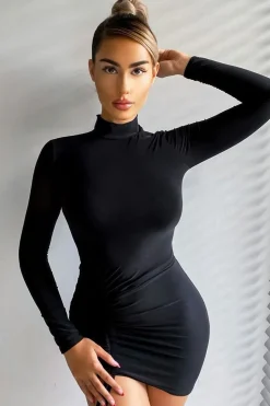 Rebellious Fashion Black Slinky High Neck Asymmetric Ruched Bodycon Dress - Violette