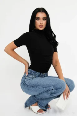 Rebellious Fashion Black Slinky High Neck Ruched Side Bodysuit - Avea