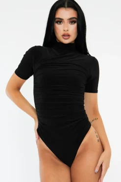 Rebellious Fashion Black Slinky High Neck Ruched Side Bodysuit - Avea