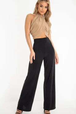 Rebellious Fashion Black Slinky High Waist Wide Leg Trousers - Traci