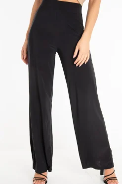 Rebellious Fashion Black Slinky High Waist Wide Leg Trousers - Traci