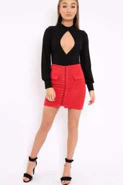 Rebellious Fashion Black Slinky Key Hole Wrap Front Bodysuit - Tazmin
