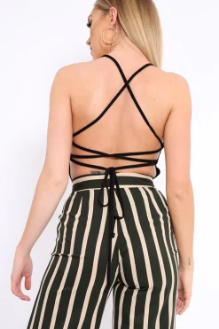 Rebellious Fashion Black Slinky Lace Up Back Bodysuit - Danella