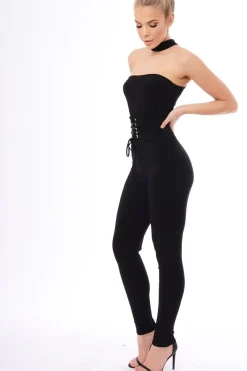 Rebellious Fashion Black Slinky Lace Up Corset Choker Jumpsuit - Daisey