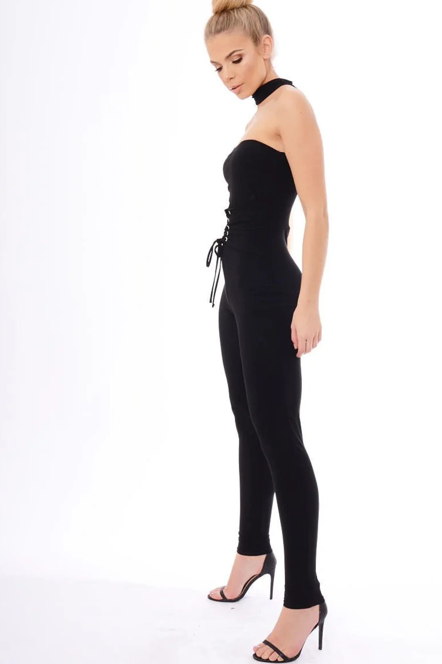 Rebellious Fashion Black Slinky Lace Up Corset Choker Jumpsuit - Daisey