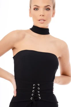 Rebellious Fashion Black Slinky Lace Up Corset Choker Jumpsuit - Daisey
