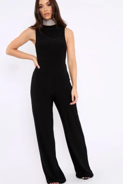 Rebellious Fashion Black Slinky Low Side Jumpsuit - Ivannah