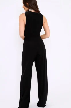 Rebellious Fashion Black Slinky Low Side Jumpsuit - Ivannah