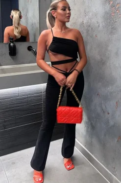 Rebellious Fashion Black Slinky One Shoulder Cut Out Crop Top - Aaliyah
