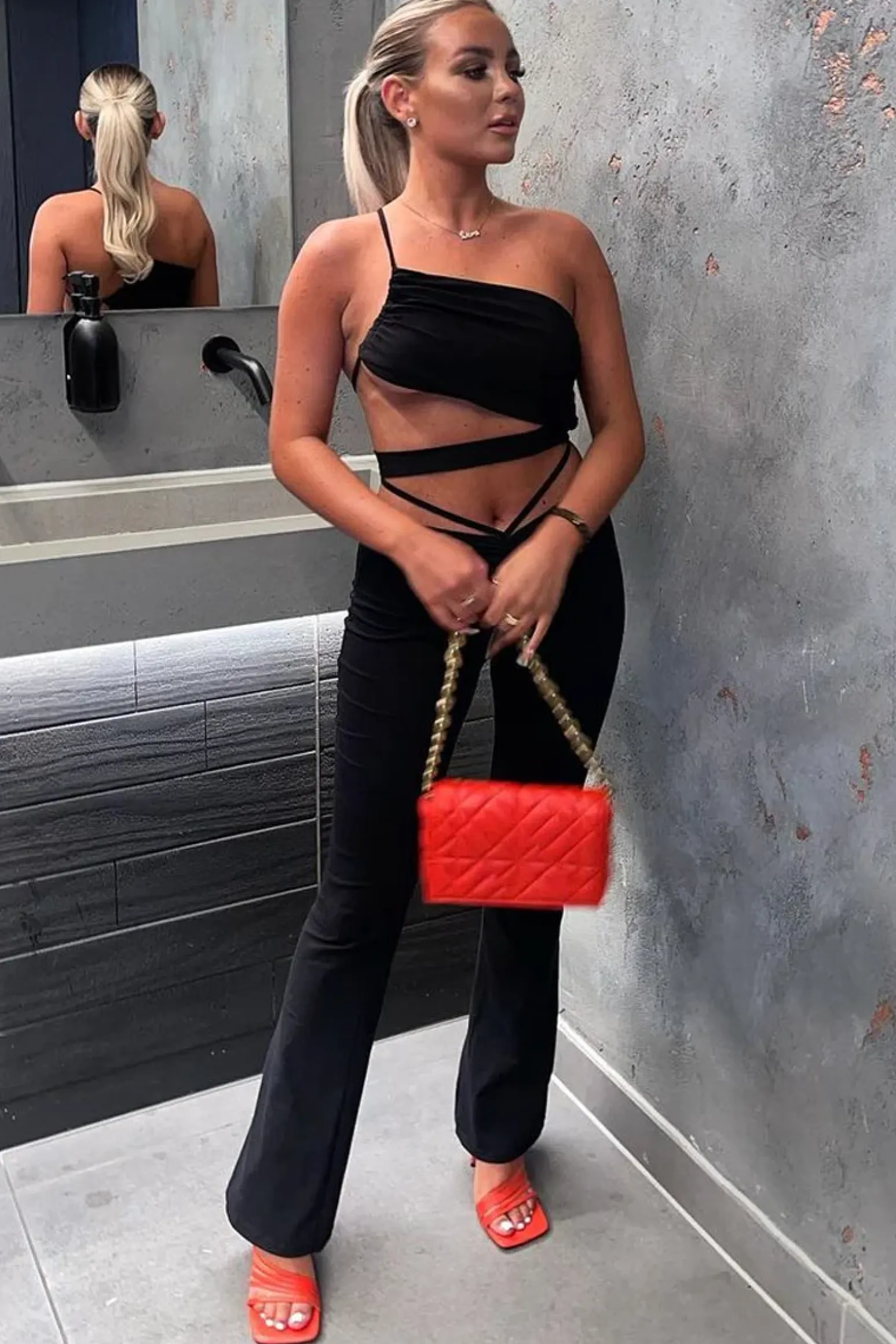 Rebellious Fashion Black Slinky One Shoulder Cut Out Crop Top - Aaliyah