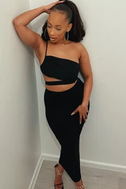 Rebellious Fashion Black Slinky One Shoulder Cut Out Crop Top - Aaliyah