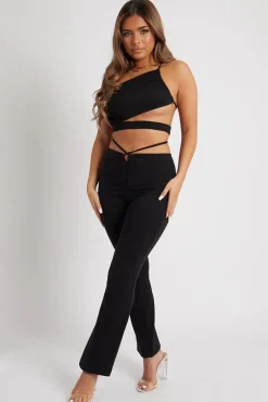 Rebellious Fashion Black Slinky One Shoulder Cut Out Crop Top - Aaliyah
