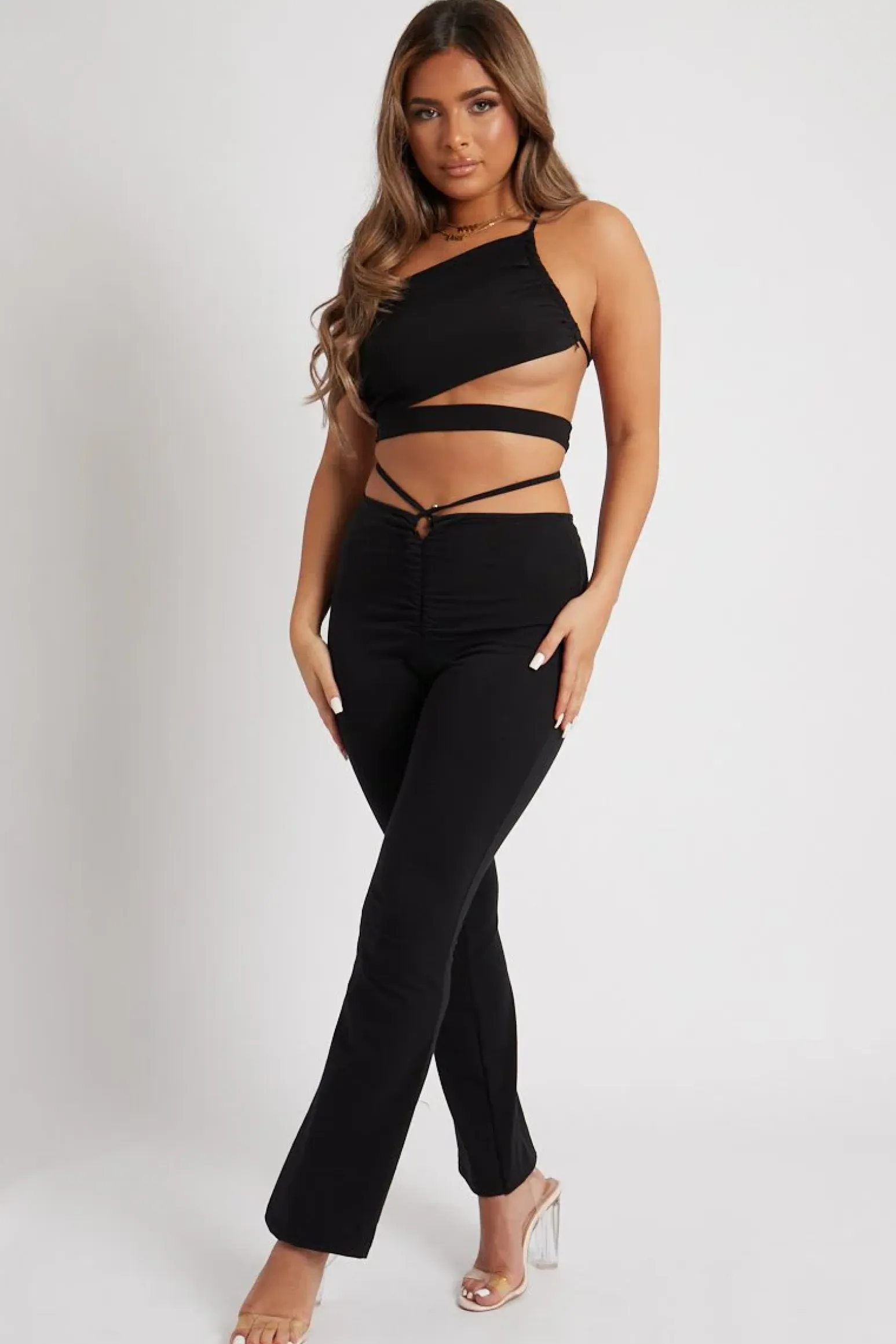 Rebellious Fashion Black Slinky One Shoulder Cut Out Crop Top - Aaliyah