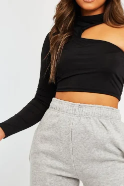 Rebellious Fashion Black Slinky One Sleeve Crop Top - Katara