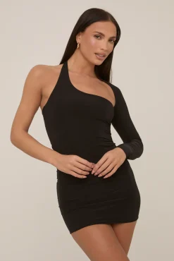 Rebellious Fashion Black Slinky One Sleeve Mini Dress- Yoona