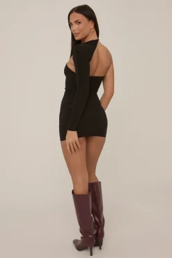 Rebellious Fashion Black Slinky One Sleeve Mini Dress- Yoona