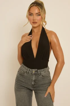 Rebellious Fashion Black Slinky Plunge Bodysuit - Akari