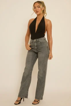 Rebellious Fashion Black Slinky Plunge Bodysuit - Akari