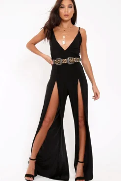 Rebellious Fashion Black Slinky Plunge Front split leg Jumpsuit - Rutha