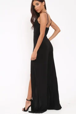 Rebellious Fashion Black Slinky Plunge Front split leg Jumpsuit - Rutha
