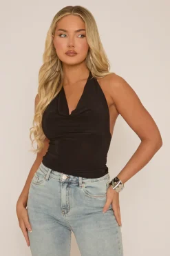 Rebellious Fashion Black Slinky Plunge Halter Top - Aino