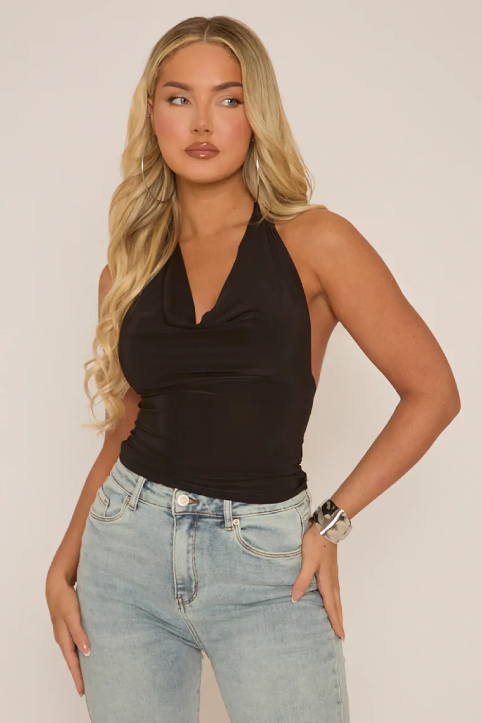 Rebellious Fashion Black Slinky Plunge Halter Top - Aino