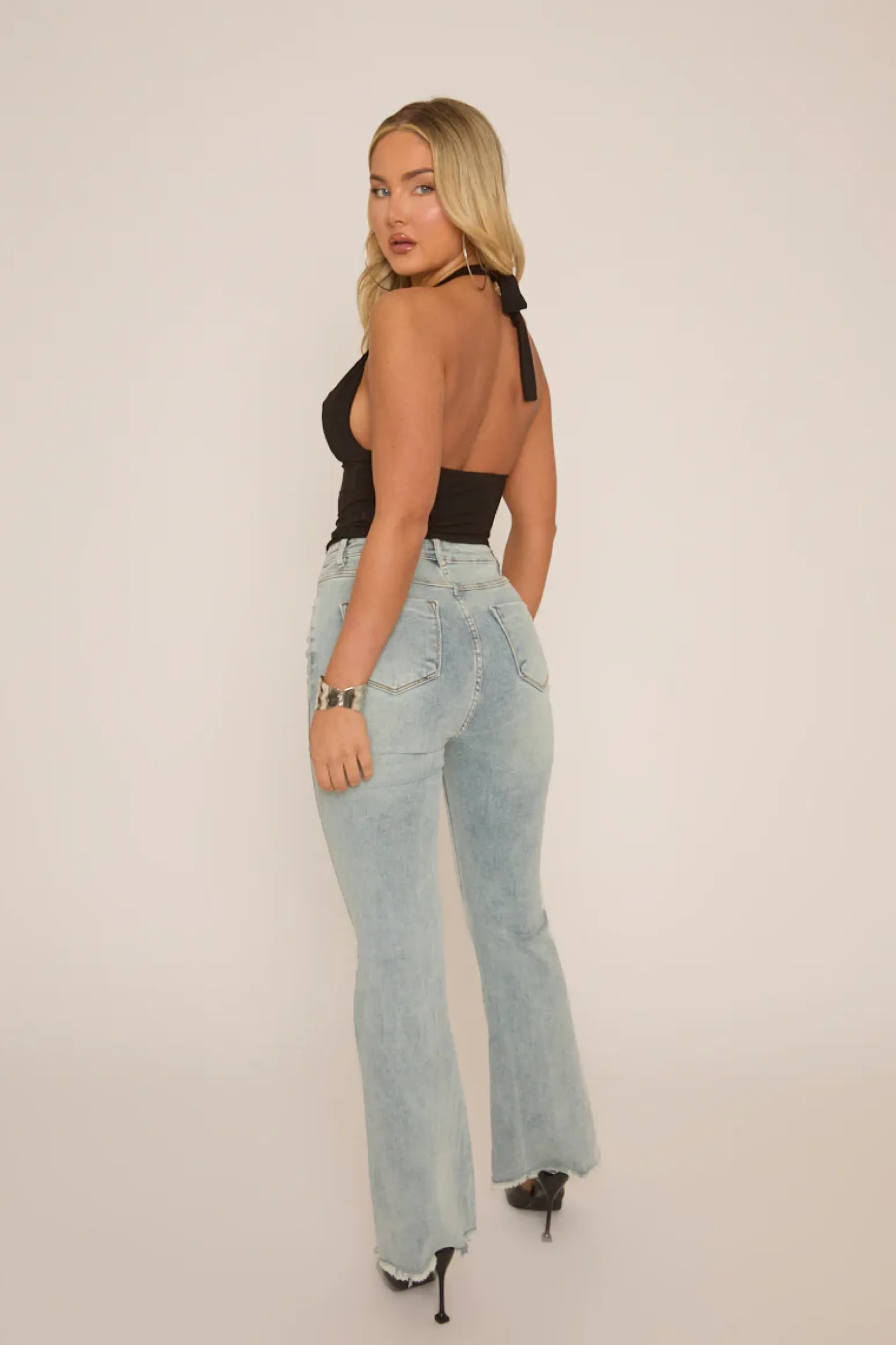 Rebellious Fashion Black Slinky Plunge Halter Top - Aino