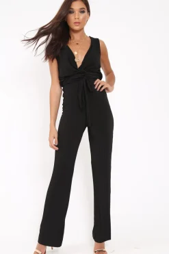 Rebellious Fashion Black Slinky Plunge Wide Leg Jumpsuit - Fergie